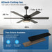 Ceiling Fans with Lights and Remote Control, 62 Inch, 6 Speeds Reversible DC Motor, 3 Color Dimmable Light, Timer, Noiseless, Black, 6 Blades