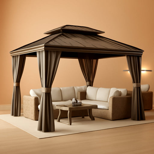10'X12' Hardtop Gazebo with Nettings and Curtains, Waterproof Permanent Heavy Duty Double Hard Roofs Gazebos with Brown Aluminum Frame for Lawn, Party