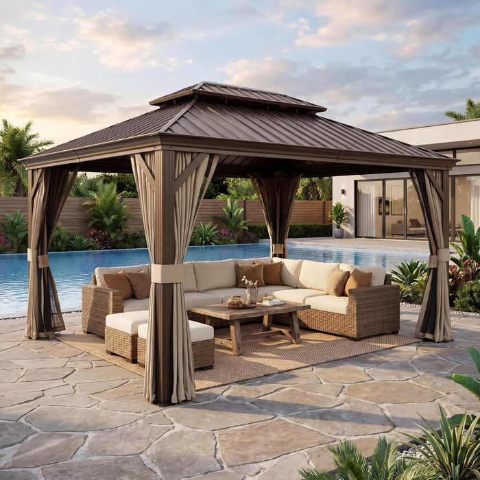 10'X12' Hardtop Gazebo with Nettings and Curtains, Waterproof Permanent Heavy Duty Double Hard Roofs Gazebos with Brown Aluminum Frame for Lawn, Party