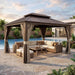 10'X12' Hardtop Gazebo with Nettings and Curtains, Waterproof Permanent Heavy Duty Double Hard Roofs Gazebos with Brown Aluminum Frame for Lawn, Party