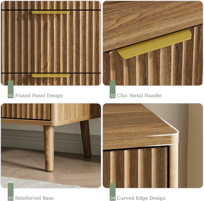 55" Wide Fluted Dresser for Bedroom with 6 Drawer, Modern Chest of Drawers with Curved Profile Design and Metal Handles, Wood Dresser TV Stand & Storage Organizer for Living Room, Walnut
