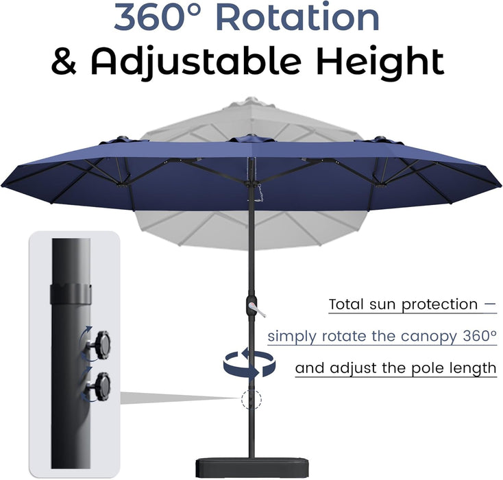 15Ft Patio Umbrella with Base,Large Outdoor Double-Sided Rectangle Umbrella with Crank Handle, Market Umbrella for Poolside Garden Deck Backyard Beach Pools, Navy Blue