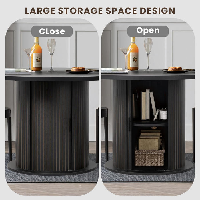 47" round Dining Table with 2-Tier Hidden Storage - Space Saving Wood Kitchen Table for Small Spaces, Seats 4-6, Mid-Century Modern Circle Design,Black