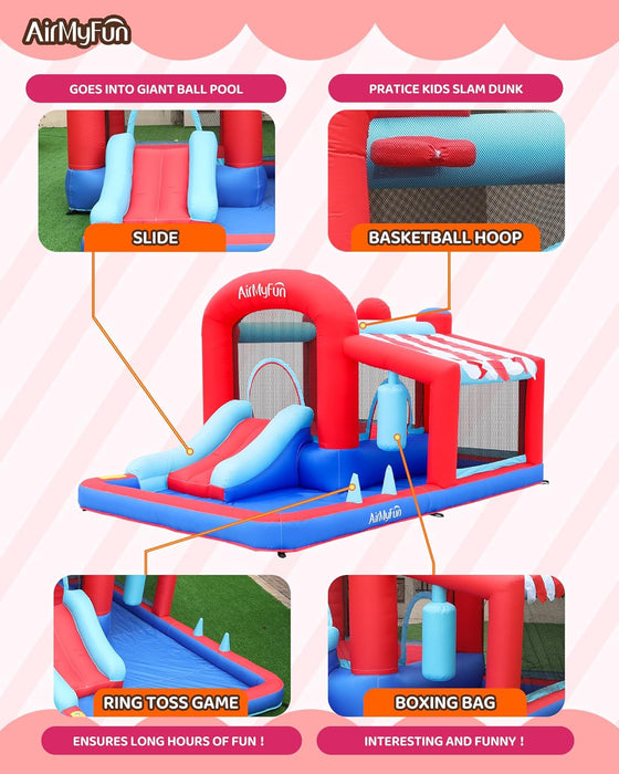 Inflatable Bounce House with Slide, Jumping Castle with Blower,Children Outdoor Playhouse with Jumping Ball Pit&Basketball Hoop&Target Balls