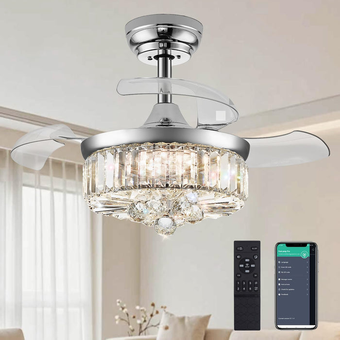 30" Chandelier Ceiling Fan with Light Crystal Modern Fandelier Reversible Ceiling Fan Dimmable Retractable Timer for Bedroom Dining Living Room Silver Chrome