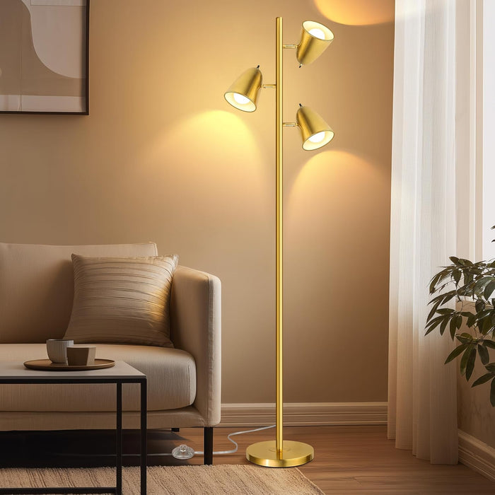 Tree Floor Lamp with 3 Light Bulbs, Standing Tall Pole Lamps for Living Room Bedroom Office, Reading Stand up Lamps with 3 Adjustable Arms, Brushed Gold