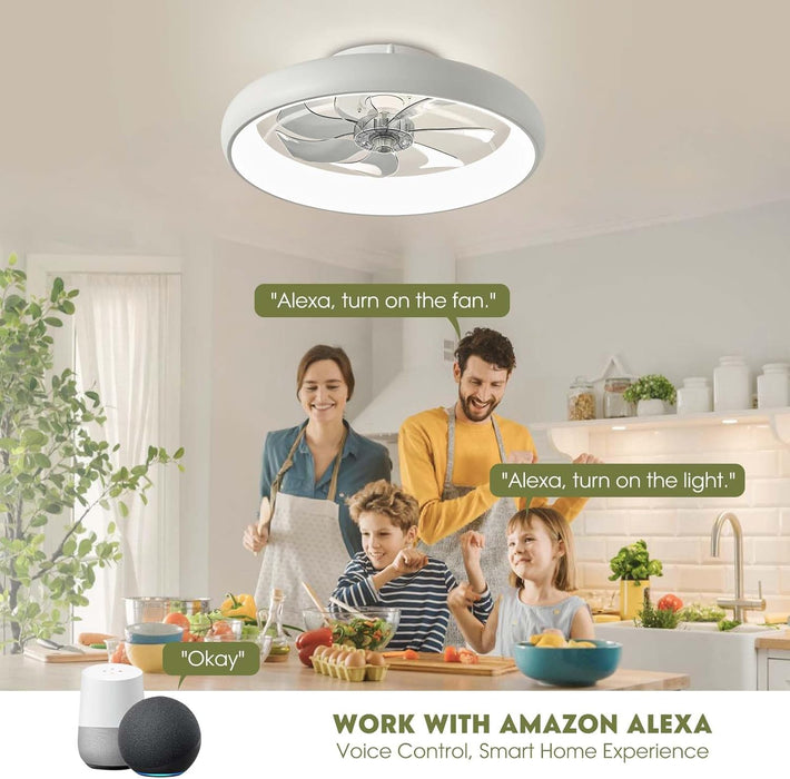 Ceiling Fans with Lights, Flush Mount Ceiling Fan with Alexa/Google Assistant/App Control, Low Profile Ceiling Fan with 6 Wind Speeds, LED Ceiling Fan for Bedroom, Kitchen 20“ (White)