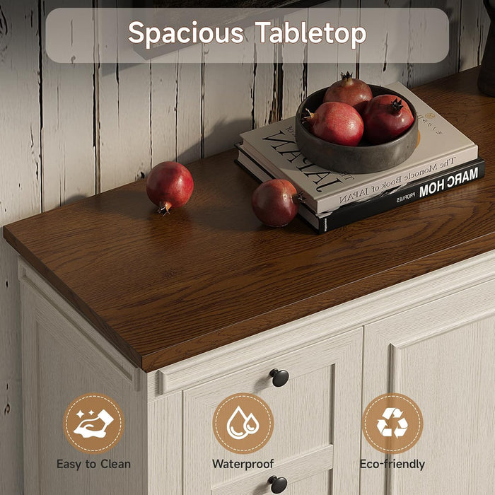 Sideboard Buffet Cabinet with Storage, 63" Large Credenza Kitchen Storage Cabinets with Drawer and Door, Wood Coffee Bar Table with Adjustable Shelf for Living Room, Kitchen, American Retro, off White