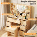 Fluted Makeup Vanity Desk with Mirror & Lights & Power Outlet, Small Vanity Table W/ 7 Drawers & 4 Storage Shelves,Oak Modern Dressing Table Set Charging Station for Bedroom