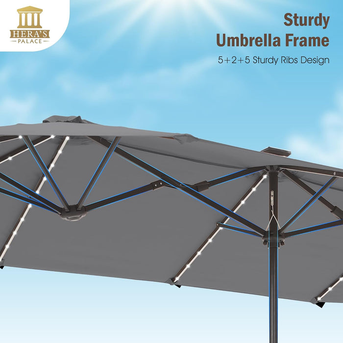 13 Ft Patio Umbrella with 120 LED Solar Lights Outdoor Umbrella, Gray
