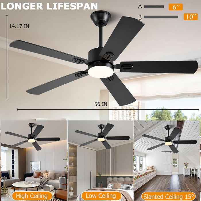56 Inch Black Ceiling Fans with Lights and Remote/App Control, DC Reversible Motor, Noiseless, Dimmable, 6 Speeds Low Profile Modern Ceiling Fan for Livingroom, Indoor/Outdoor Use