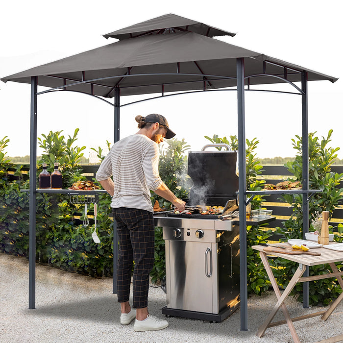 8'X 5' Grill Gazebo Shelter, Double Tier Outdoor BBQ Gazebo Canopy with LED Light(Gray)