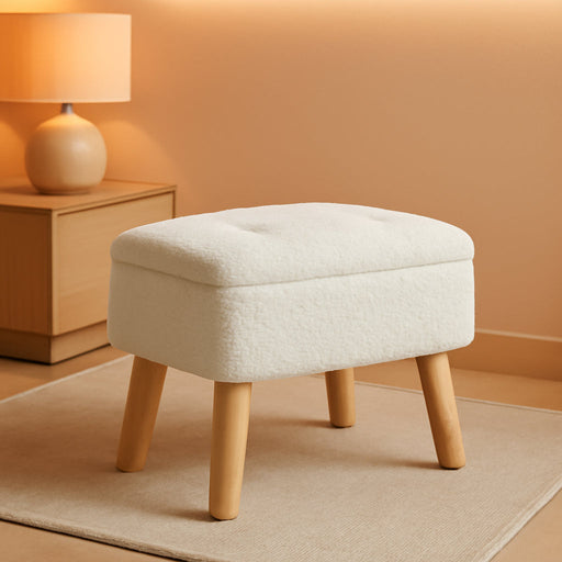 Storage Ottoman, Small Foot Stool Ottoman with Storage, Boucle Teddy Velvet Foot Rest with Padded Seat, Sturdy Wood Legs Stool for Living Room, Bedroom, Couch, Enterway (Cream)
