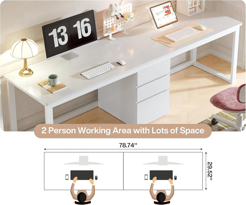 78.7'' 2 Person Computer Desk with 3 Drawers, Extra Long Double Office Desk with Storage, Modern Dual Study Writing Table Workstation for Home Office, White