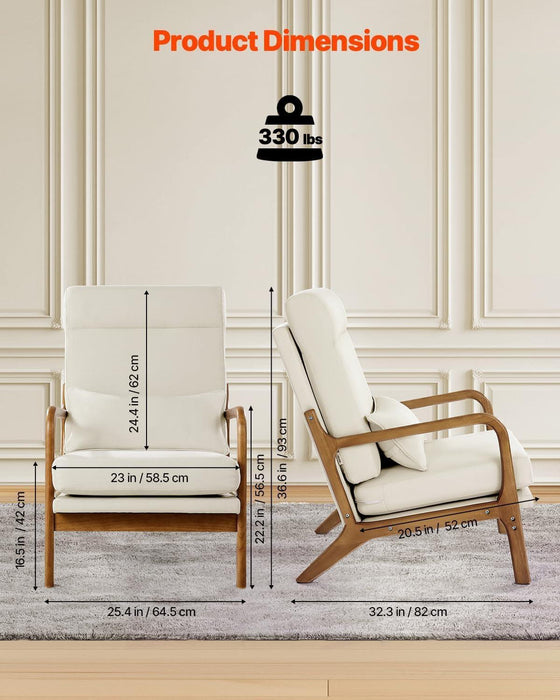 Accent Chair, High Back Mid Century Modern Armchair with Solid Wood Frame and Non-Slip Legs, Upholstered Leisure Chair with Linen Fabric and 5.3 in Thickened Cushion, for Living Room, Bedroom