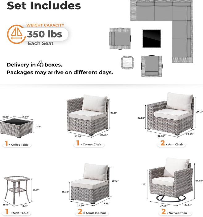 9 Pieces Patio Furniture Set, Outdoor Wicker Sectional Sofa with 2 Swivel Chairs Coffee Table, Modern Modular Deep Seat Rattan Couch Conversation Sets, Beige