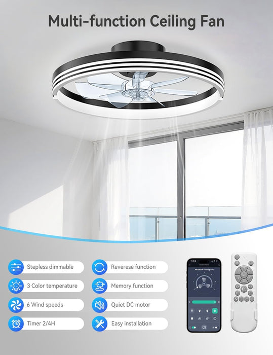 Modern Bladeless Ceiling Fans with Lights, Small Fandelier Bedroom Ceiling Fan - Low Profile LED Fan Light with Remote APP, Flush Mount, Dimmable, DC Motor, 6 Speeds, Timer (18 Inch, Black)