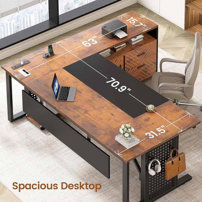 71" Executive Desk with Rolling File Cabinet, Large Office Desk with Drawers, L Shaped Computer Desk with Power Outlets, CPU Stand, Pegboard and Storage Shelves, Rustic Brown