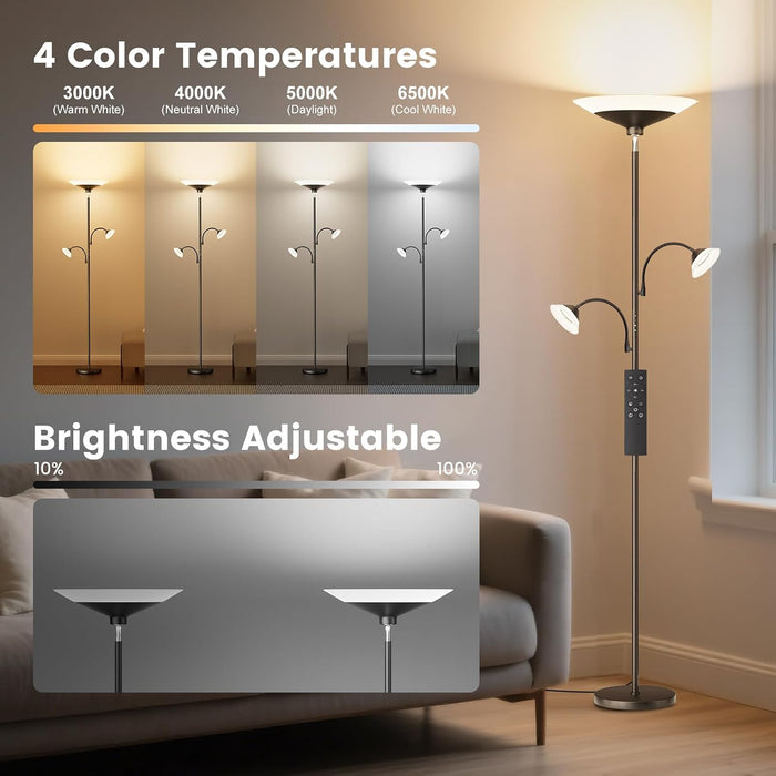 42W 3-Light Torchiere Floor Lamp, LED Tree Standing Lamp