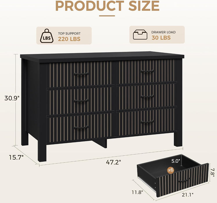 47" Wide Fluted 6 Drawer Dresser for Bedroom, Black