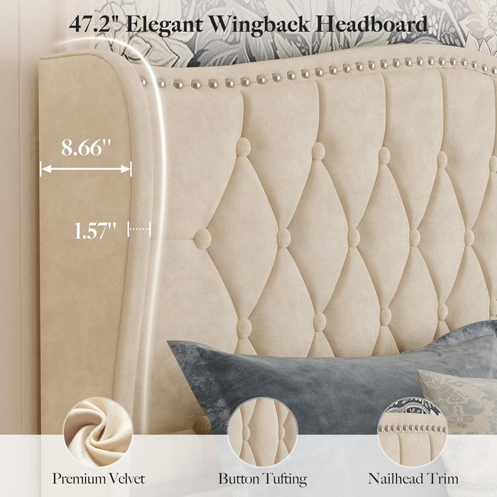 Full Size Bed Frame with Headboard, Luxury Upholstered Velvet Platform Bed with Wingback, Button Tufted & Nailhead Trim, Anti-Slide Tall Footboard, No Box Spring Needed, Noise-Free, Beige