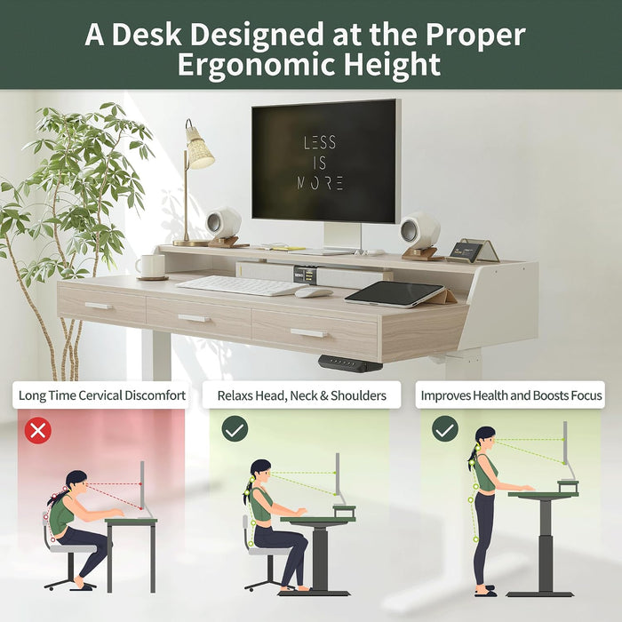 One-Piece Standing Desk 48X26 with 3 Wood Drawers, Light Walnut
