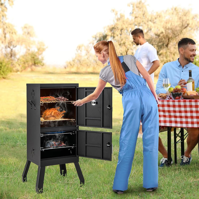 Outdoor Smoker with Double Doors, 2 Detachable Grill Netting Smoking Racks, Charcoal Pan & Water Pan, 4 Air Vents, Thermometer, Vertical Charcoal Smoker for Barbecue Camping Backyard Grill