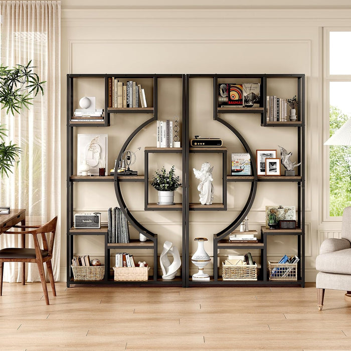 70.8" Tall Bookshelf Set of 2, 79" Wide Geometric Display Shelf with 18 Open Storage Shelves, Scratch-Resistant Gray Wash & Metal Frame, for Living Room, Office, Bedroom – Anti-Tip & Adjustable Feet