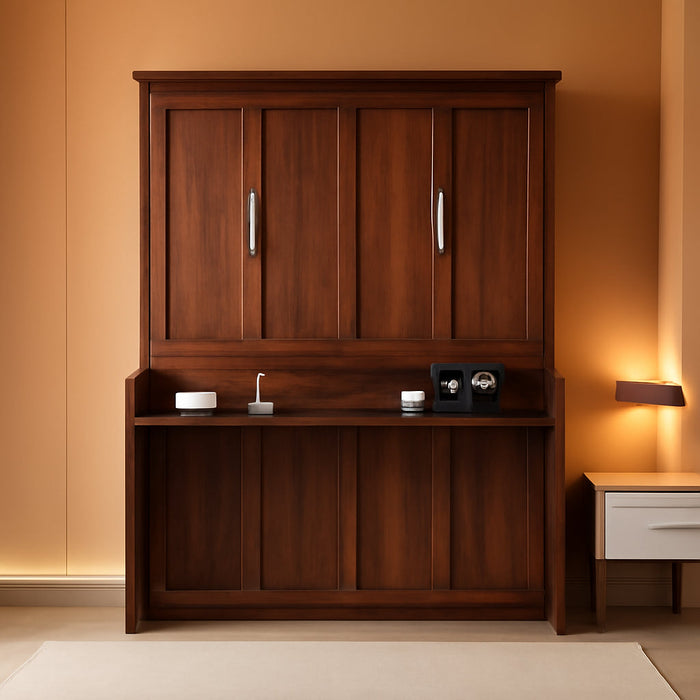 Queen Size Murphy Bed with Desk, Horizontal Wood Wall Bed Cabinet with Gas Struts, Space-Saving Folding Bed for Bedroom, Living Room, Guest Room, Walnut