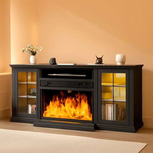 80" Fireplace TV Stand with 3-Sided Glass, TV Cabinet for Tvs up to 90", Modern Media Entertainment Center with Farmhouse Glass Door Storage Cabinets, for Living Room, Black