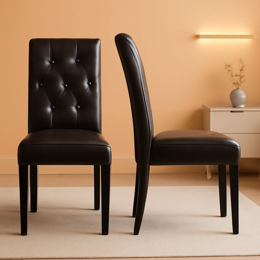 Faux Leather Dining Chairs, Button Tufted Dining Room Chairs with Rubber Wood Legs, Mid-Century Accent Dinner Chair for Living Room/Kitchen, Set of 2, Brown