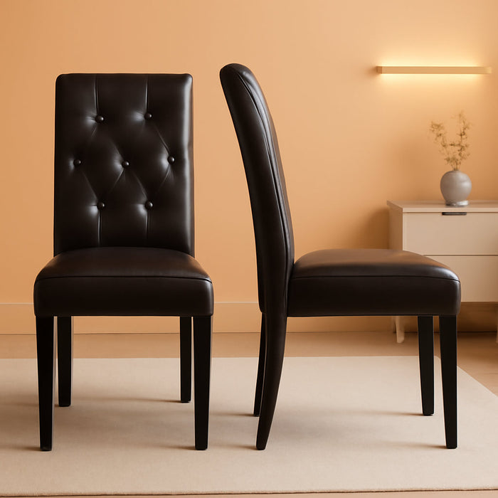 Faux Leather Dining Chairs, Button Tufted Dining Room Chairs with Rubber Wood Legs, Mid-Century Accent Dinner Chair for Living Room/Kitchen, Set of 2, Brown