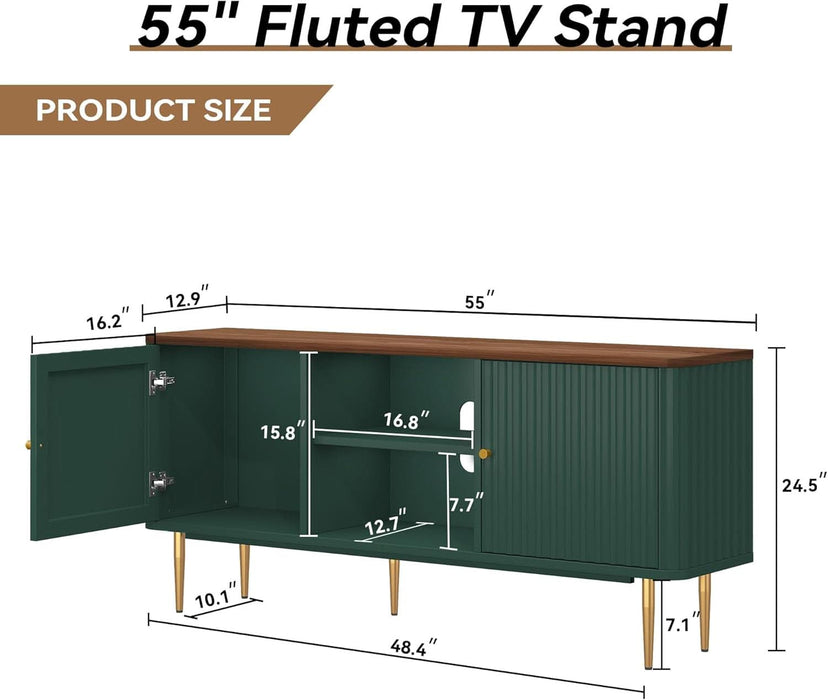 55” Fluted TV Stand, Mid Century Modern Green TV Stand for 55/60/65 Inch TV, Entertainment Center with Storage, Television Stands, TV Console, Media Console for Living Room, Bedroom (Green)