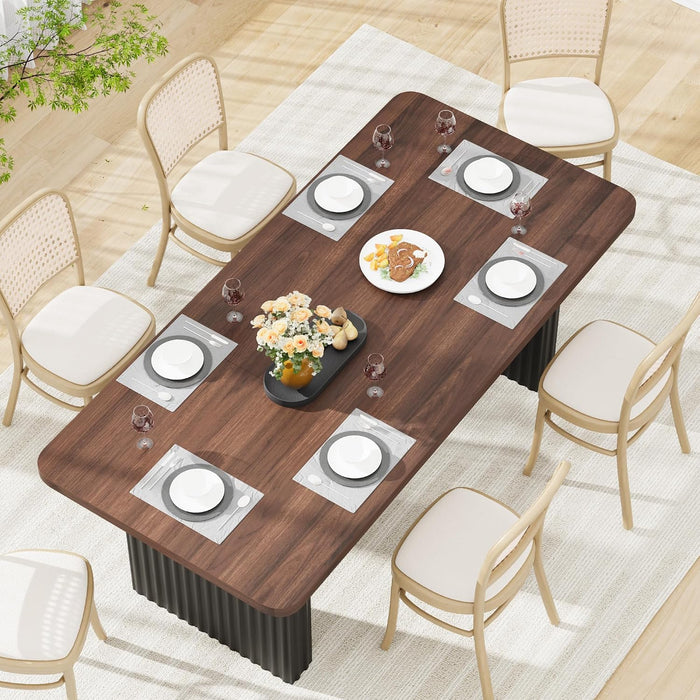 Modern Dining Table for 6-8, 71" Rectangular Farmhouse Kitchen Table with 3.6"×22.9" Black Fluted Wave Metal Legs & Wooden Top, Large Dining Table for Home Office, Dining, Walnut