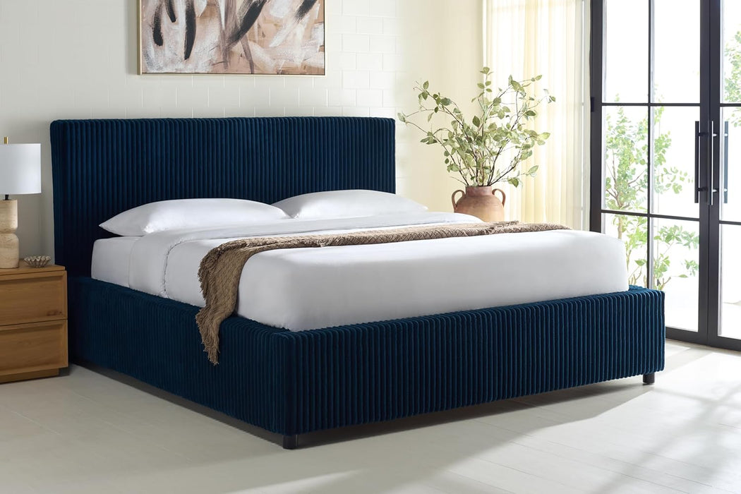 Couture Collection - Mallika Navy Corduroy Queen Bed, Channel Tufted Headboard, Plush Upholstery, No Box Spring Needed (SFV6117C-Q)