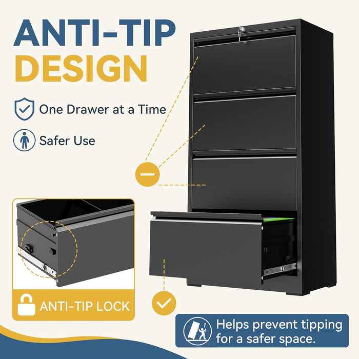 4 Drawer File Cabinet with Lock, Black Metal Lateral Filing Cabinet