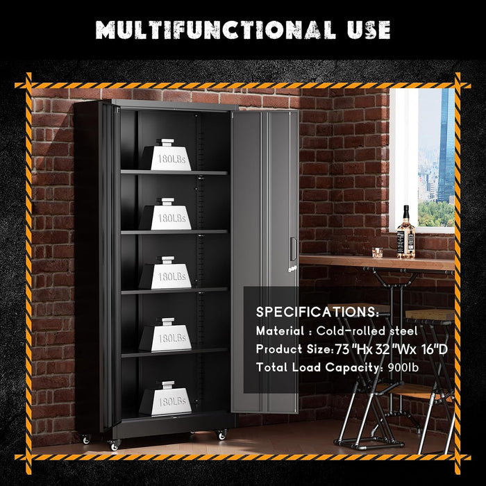 SeventyThreeInch Black Metal Rolling Cabinet Lockable