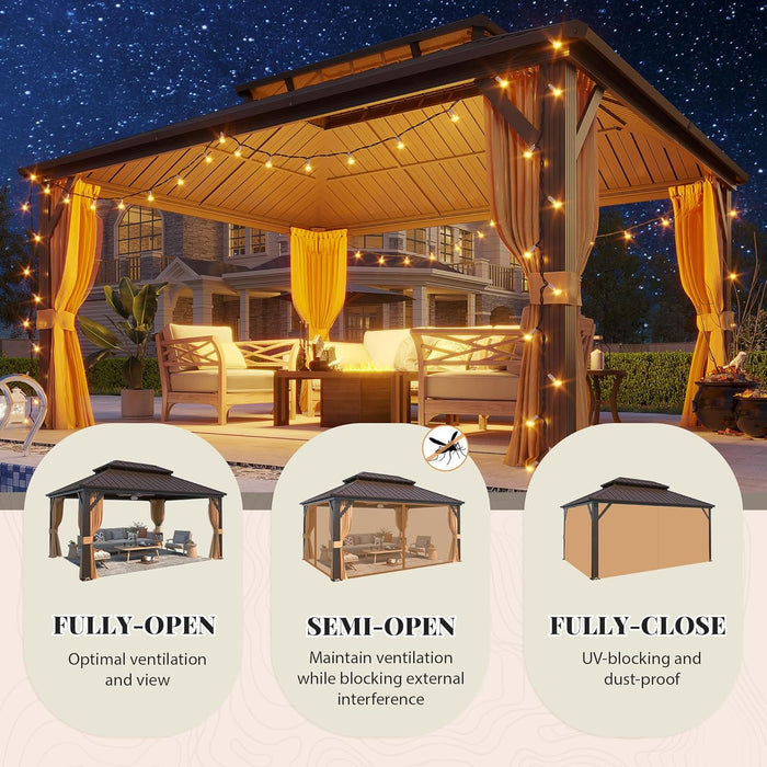 12' X 16' Hardtop Gazebo with Galvanized Steel Double Roof, Aluminum Pergolas Frame, Curtains and Netting Included, Metal Outdoor Gazebos for Garden, Patios, Lawns, Parties