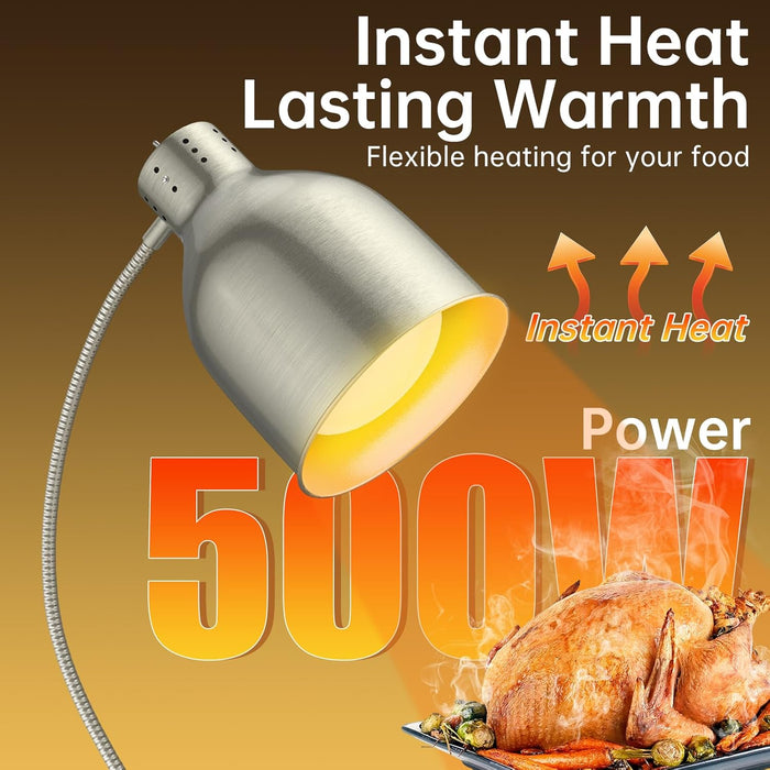 Food Heat Lamp, 500W Commercial Food Warmer Lamp, Rapid & Stable Heating 2-Head Electric Heat Lamp for Buffet, Parties, Catering, Restaurant, Kitchen, Home (Stainless Steel)