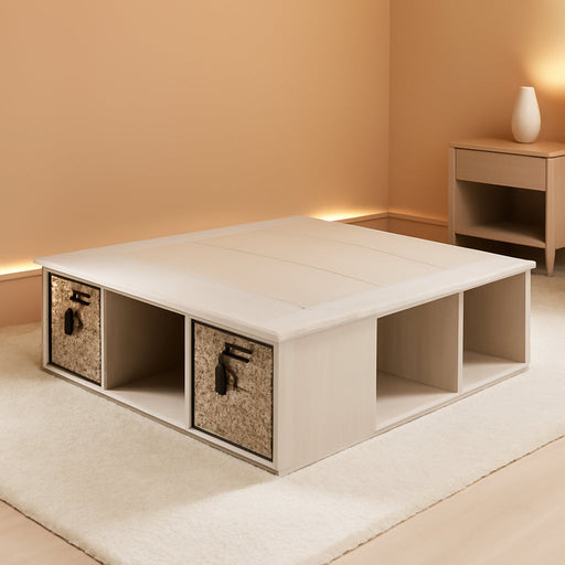 Avilla Full Storage Bed with Baskets, Double, Winter Oak and Rattan