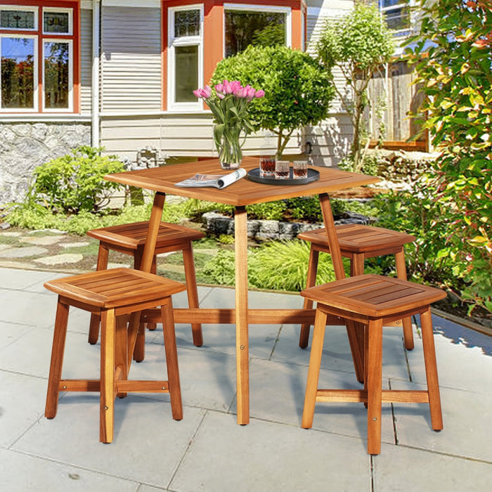 5 Pieces Wood Patio Dining Set with Square Table and 4 Stools