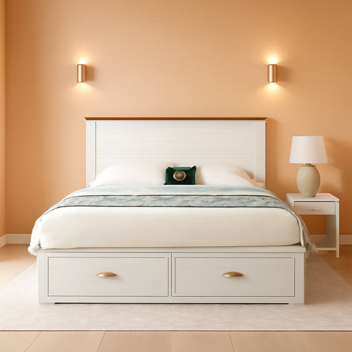 Queen Size Murphy Bed, Farmhouse Wooden Cabinet with Charging Station and Storage Drawer for Bedroom/Office/Guest Room, White+Barnwood