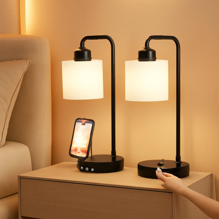 Industrial Touch Bedside Lamps for Bedrooms Set of 2 - 3-Way Dimmable Nightstand Lamps with USB C+A Ports and Outlet, Table Lamps with Opal Glass Shade for Living Room, Desk Lamps for Home Office