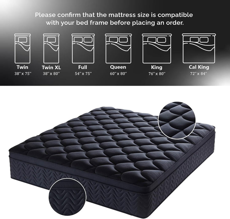 Premium 12 Inch Queen Size Mattress - Black Diamond Quilted, Individual Pocket Spring & Memory Foam Top, Luxurious Support, Pressure Relief