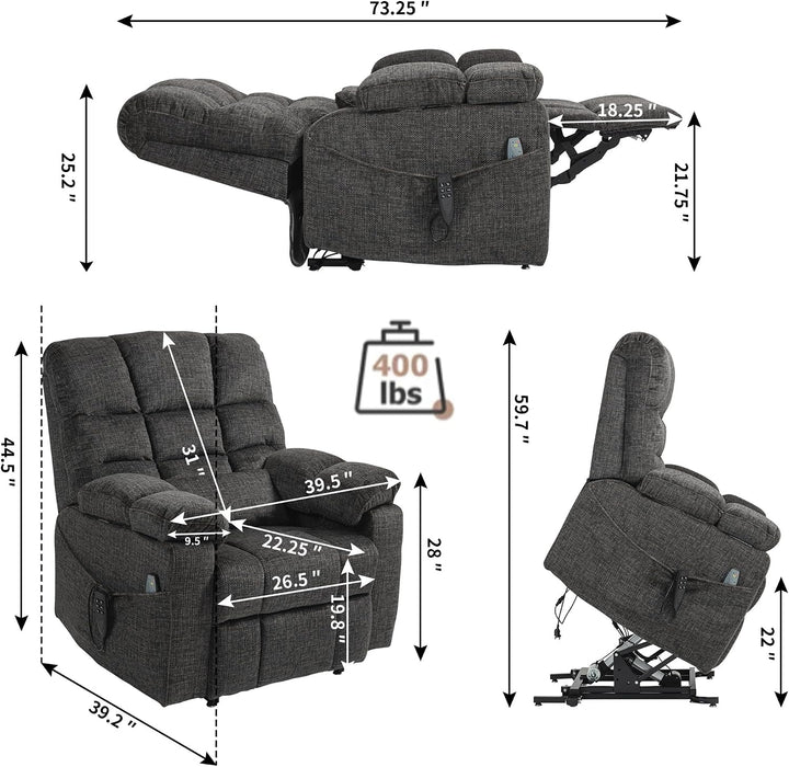 Oversized Power Lift Recliner Big Man 400Lbs, Extra Wide Recliner Chair with Lifts Vertically for Elderly, Features Cup Holder, Heat and Massage, Zero Gravity Lay Flat for Adults (Grey)