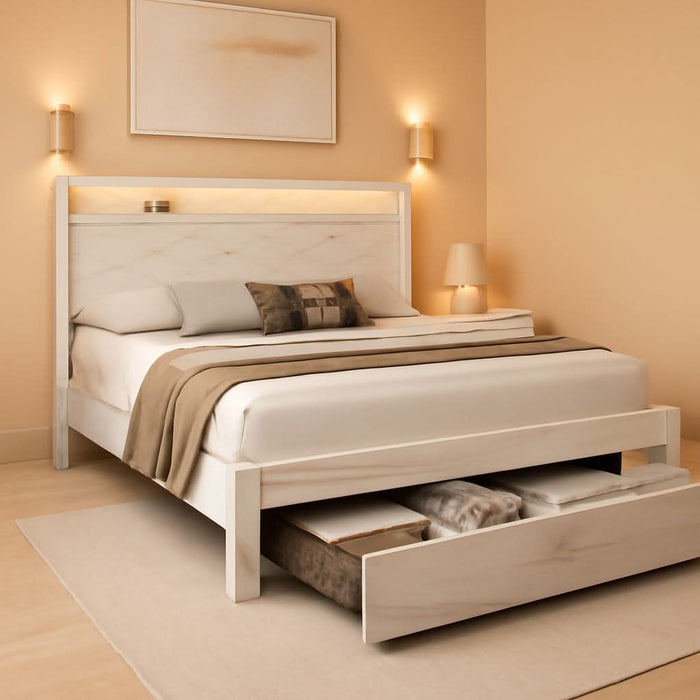 Queen Size Bed Frame with 2 Storage Drawers and Headboard Wooden Platform Bed Frame with LED Lights and Charging Station Easy Assembly/No Box Spring Needed/White