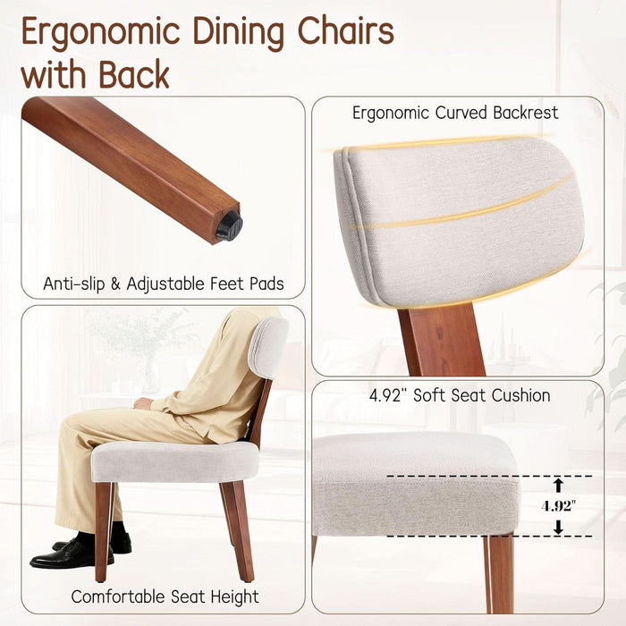 Dining Chairs Set of 4, Mid-Century Modern Upholstered Kitchen Chairs with Curved Backrest and Linen Fabric Seat, Wood Leg Accent Chairs for Dining Room, Living Room, Bedroom, Linen Beige