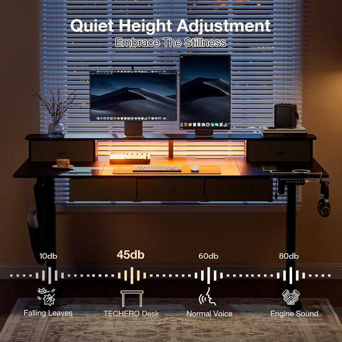71X32" Electric Standing Desk with 5 Drawers,Power Outlets,Led Light, Black