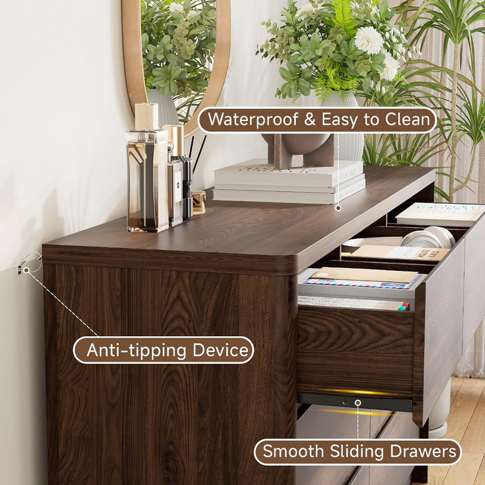 Modern 7 Drawers Dresser for Bedroom, 55" Wide Bedroom Dressers & Chest of Drawers W/Curved Profile, Mid Century Wood Dressers with Handleless Design, Large Dresser for Bedroom Living Room