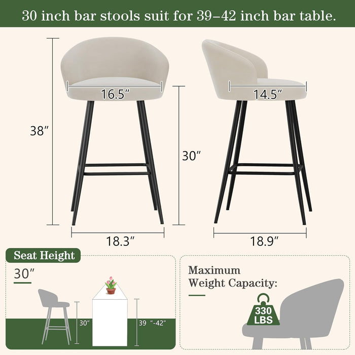 Barstools Set of 4, 30" Bar Height Velvet Bar Stools, Beige
